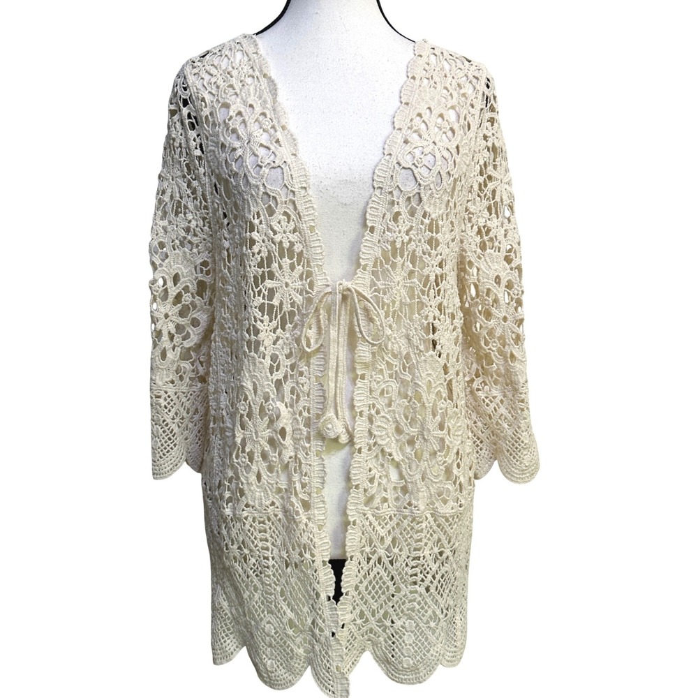 Womens Floral Crochet Lace Cardigan OS Cream Boho Cottagecore Romantic Ethereal